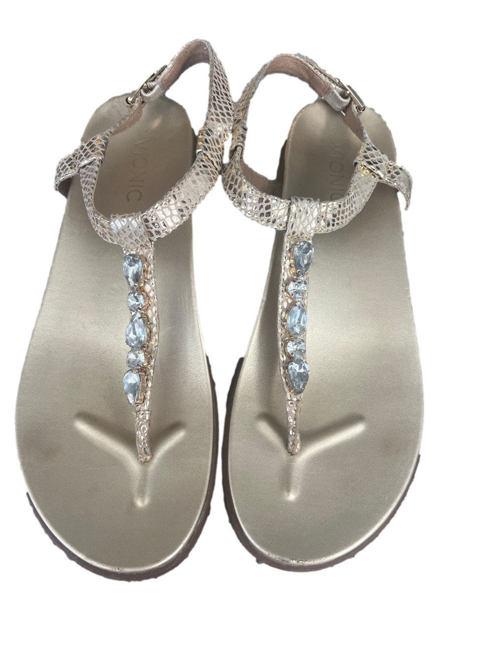 Vionic Palm Boca Rhinestone Jeweled Gold Thong Slingback Sandals 9 comfy summer